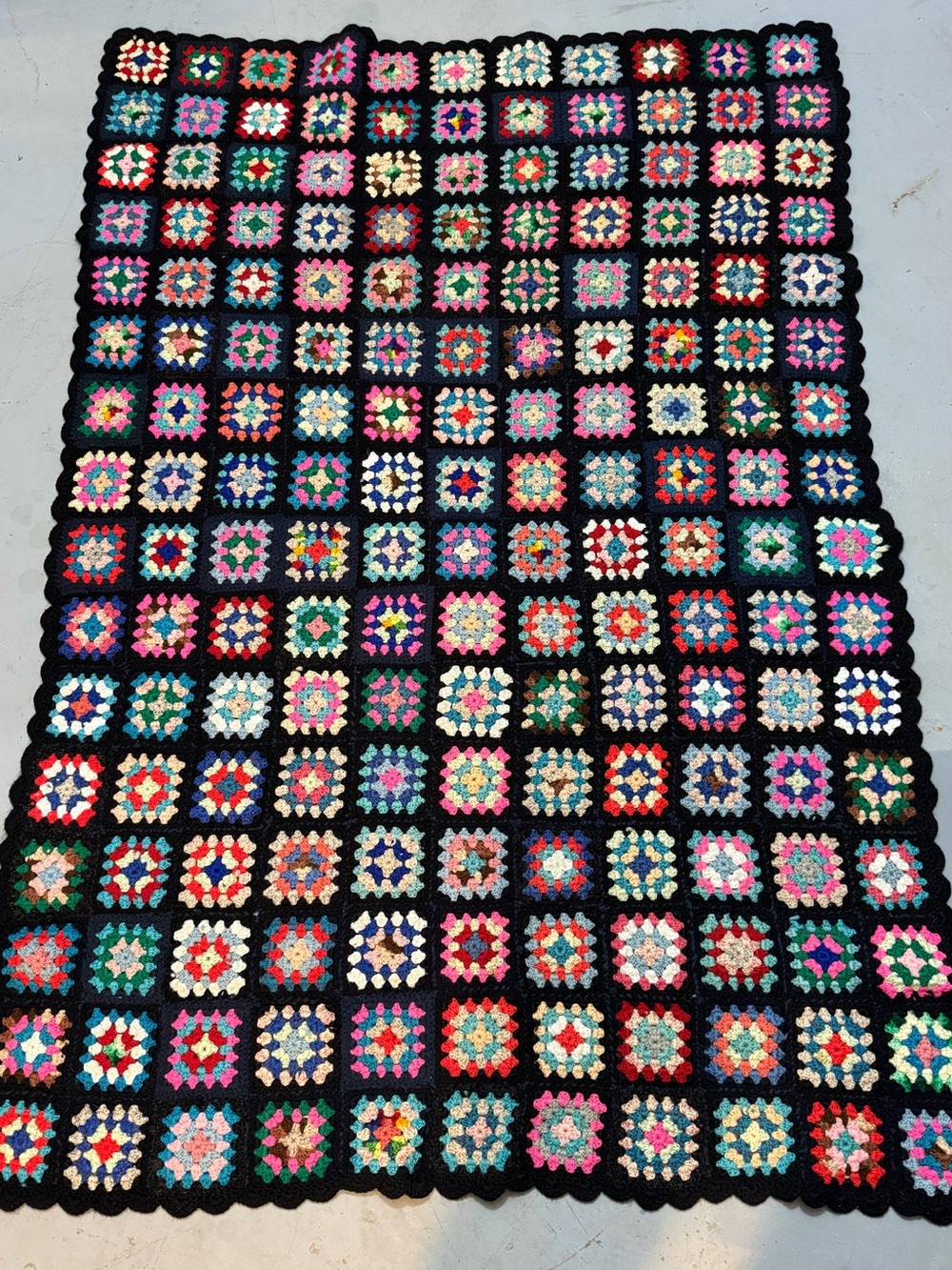 1960’s Handmade Multicolor Granny Square Crochet Throw with Black Border